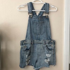 Forever 21 Distressed Denim Overall Shorts